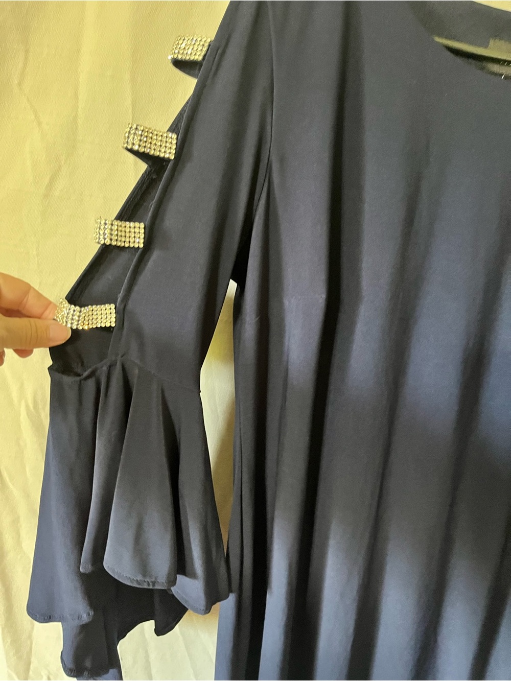 MSK Navy Cold-Shoulder Ruffle Sleeve Dress with Rhinestone Straps - Picture 2 of 6